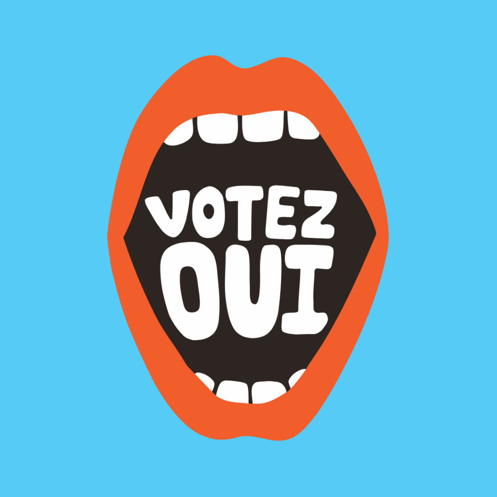 Illustration d’une bouche ouverte stylisée avec des lèvres orange et le texte « Votez OUI » à l’intérieur.