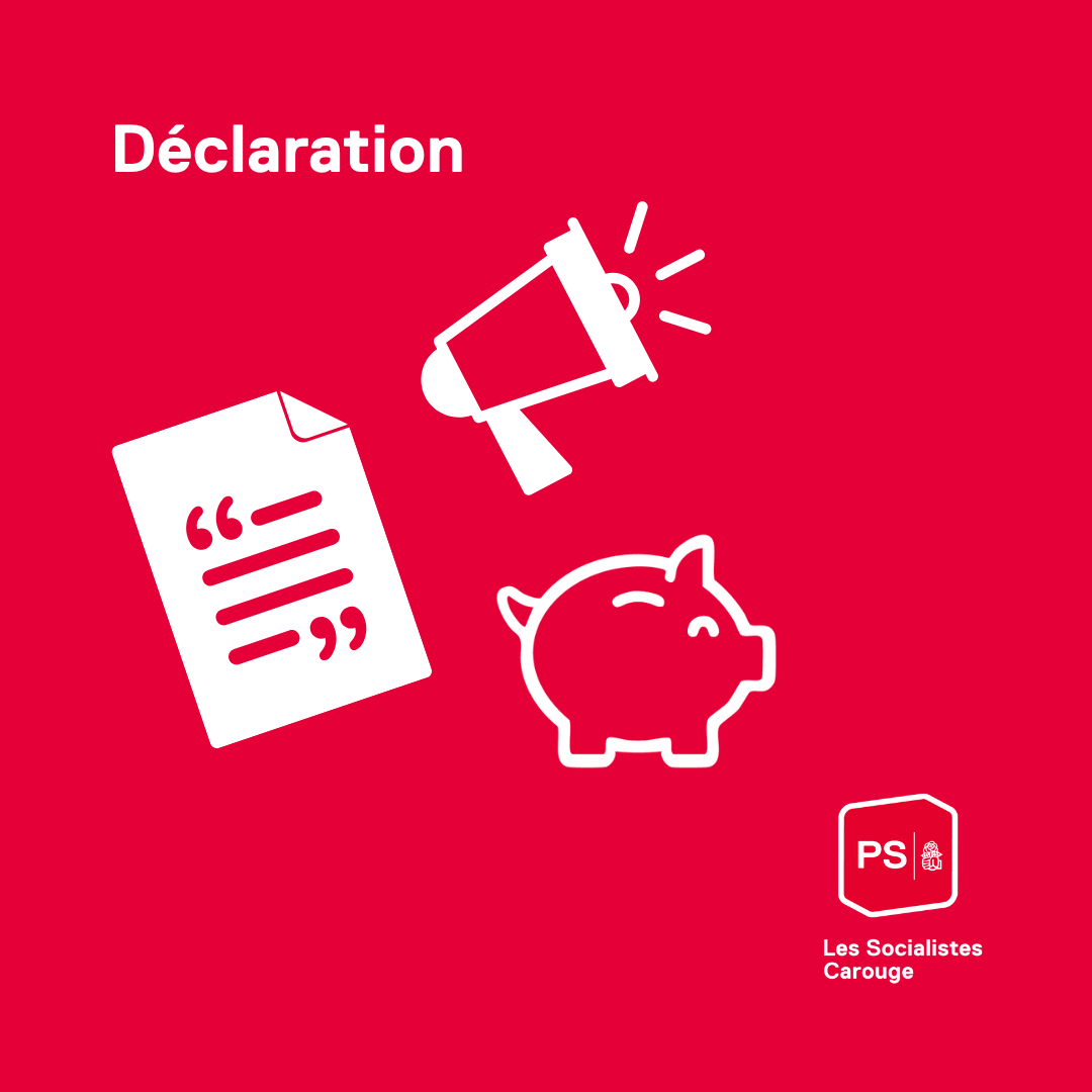 Projet de budget pour Carouge – Déclaration du groupe socialiste Illustration rouge avec les pictogrammes d’une déclaration, d’un mégaphone et d’une tirelire, accompagnant le texte de déclaration du groupe socialiste de Carouge sur le projet de budget communal.
