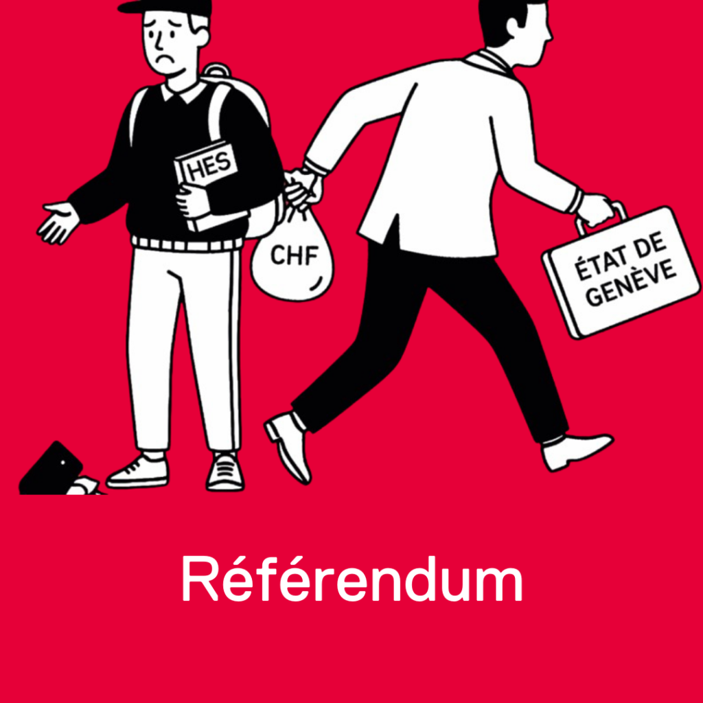 Illustration montrant une personne étudiante tenant un dossier « HES » tandis que l’État de Genève s’éloigne avec un sac d’argent, symbolisant les coupes budgétaires dans la HES-SO.