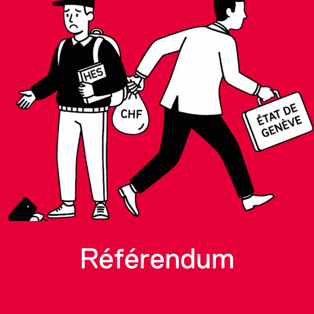 Illustration montrant une personne étudiante tenant un dossier « HES » tandis que l’État de Genève s’éloigne avec un sac d’argent, symbolisant les coupes budgétaires dans la HES-SO.